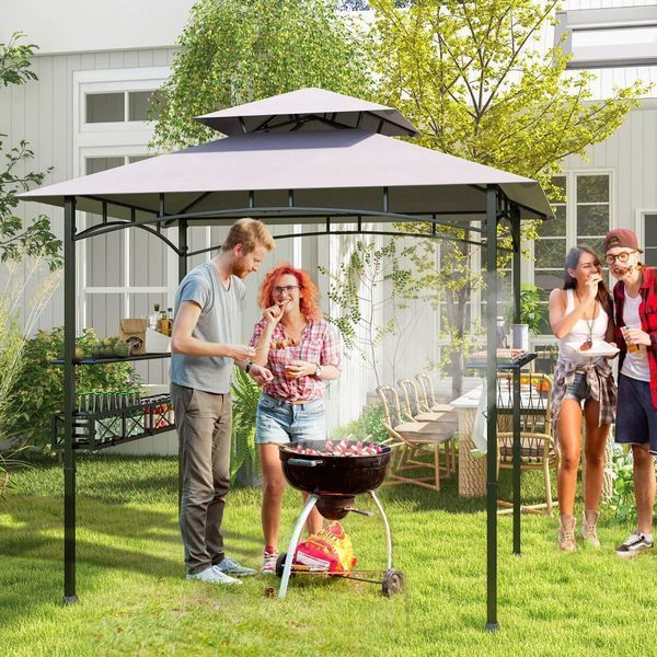 Альтанка для гриля CostWay 242&times;153&times;250 см, двоярусний дах і полиці, сіра COSTWAY-00072 фото