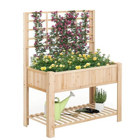 Піднята дерев&rsquo;яна клумба CostWay 116&times;59&times;150 см із решіткою для витких рослин і нижньою полицею, натуральна COSTWAY-01315 фото