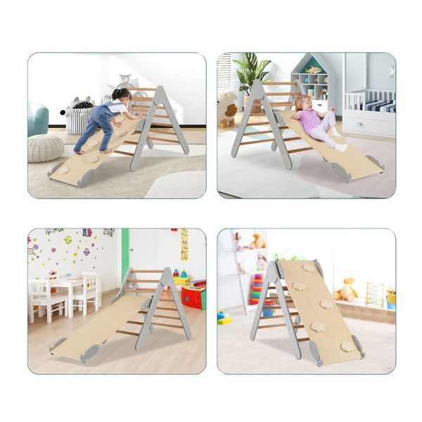 Детский треугольник Пиклера с горкой, серый + натуральное дерево COSTWAY-KIDS-0171 фото