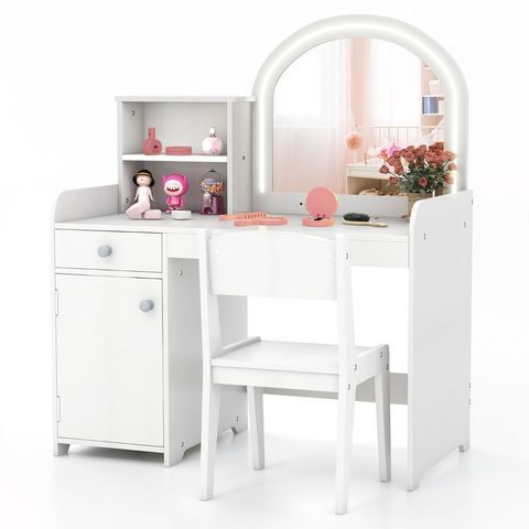 Дитячий туалетний столик Costway з круглим дзеркалом і тумбою, білий COSTWAY-KIDS-0178 фото
