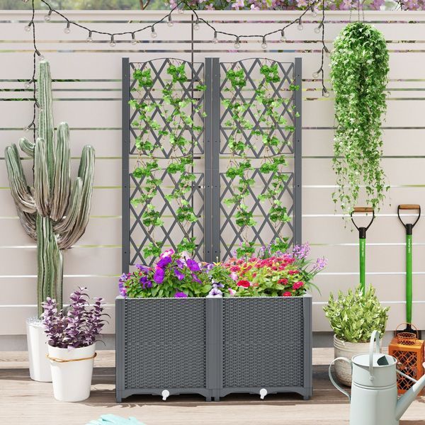 Двойное кашпо с двухсекционной шпалерой CostWay 80&times;40&times;140 см, цвет серый COSTWAY-00479 фото