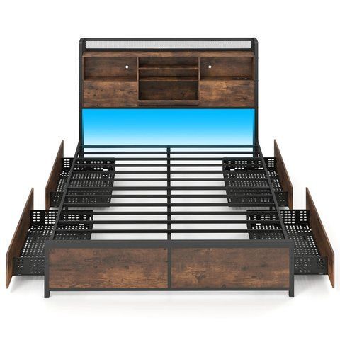 Низкая кровать-платформа Costway с полками, с LED-подсветкой, 163,5&times;220&times;35,5 см, цвет коричневый COSTWAY-HOME-00804 фото