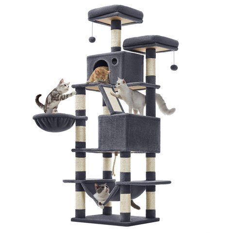 Кошачье дерево с 13 когтеточками, 2 платформами и 2 домиками 55&times;45&times;165 см, дымчато-серое PCT165G01 фото