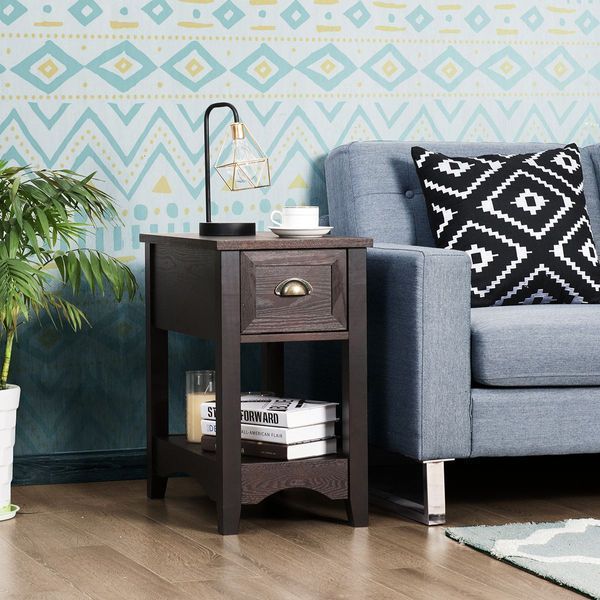 Комплект из 2 прикроватных тумб Costway с ящиком, с открытыми полками, 33&times;56&times;58,5 см, цвет коричневый COSTWAY-HOME-01168 фото