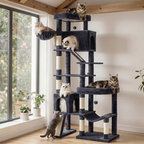 Большое кошачье дерево для крупных кошек с 6 зонами отдыха 105&times;45&times;202 см, темно-серое PCT020G201 фото
