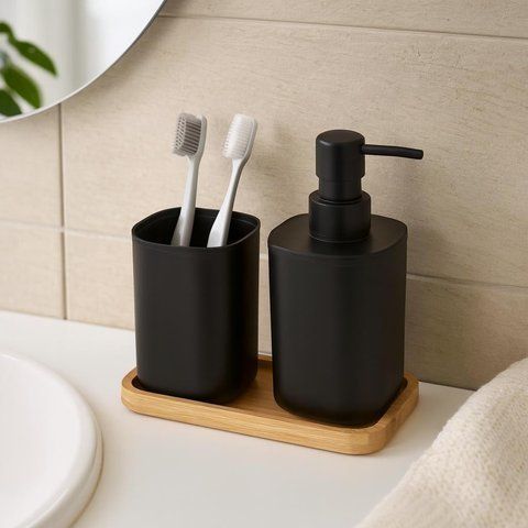 Набор аксессуаров для ванной Bathroom Solutions: дозатор и стакан на подставке, черный 98512 фото