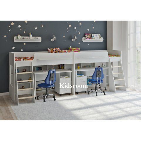 Двойная кровать-чердак D-58 180&times;80 см с двумя рабочими местами, полками и лестницами 367 фото