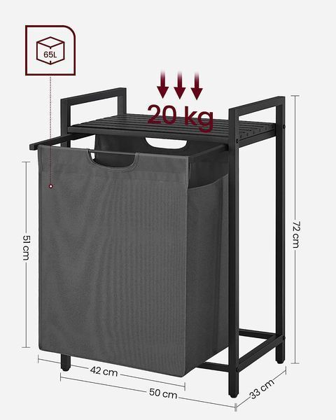Одинарная корзина для белья SONGMICS 50&times;33&times;72 см с верхней полкой, чёрно-серая 79612251 фото
