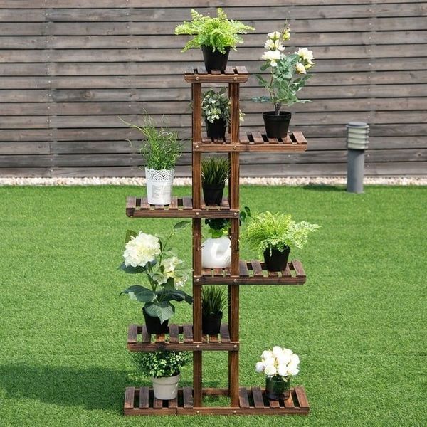 Узкая этажерка для кашпо CostWay 75&times;25&times;140 см, цвет оттенки коричневого COSTWAY-00704 фото