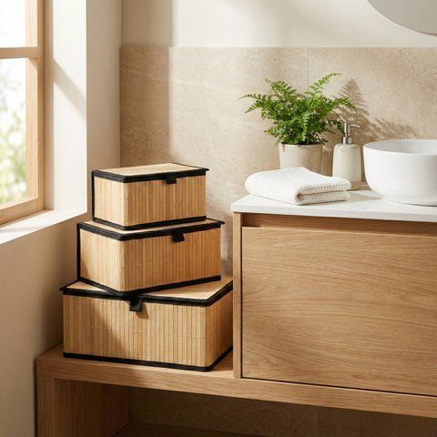 Набор из 3 короба с крышками BOXIMO с бамбуковым кантом, чёрный 104229 фото