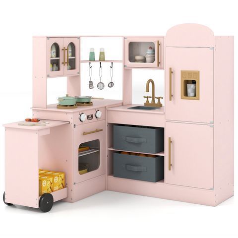 Дитяча кутова ігрова кухня Costway з мийкою, плитою та візком, рожева COSTWAY-KIDS-0561 фото