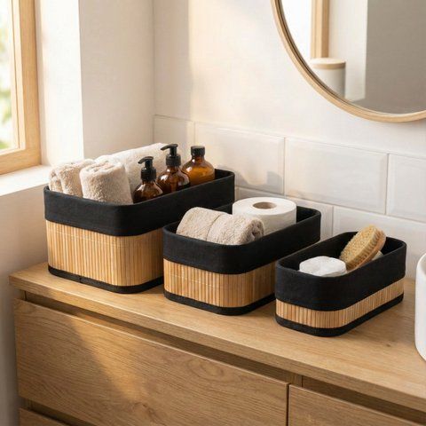 Набор из 3 открытые корзины BOXIMO с бамбуковым кантом, чёрный 104230 фото