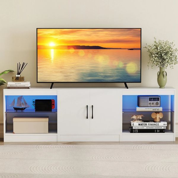 Подвесная TV-тумба Costway с центральным двустворчатым шкафом и LED-полками по бокам, 195&times;30&times;41 см, белый COSTWAY-HOME-01035 фото