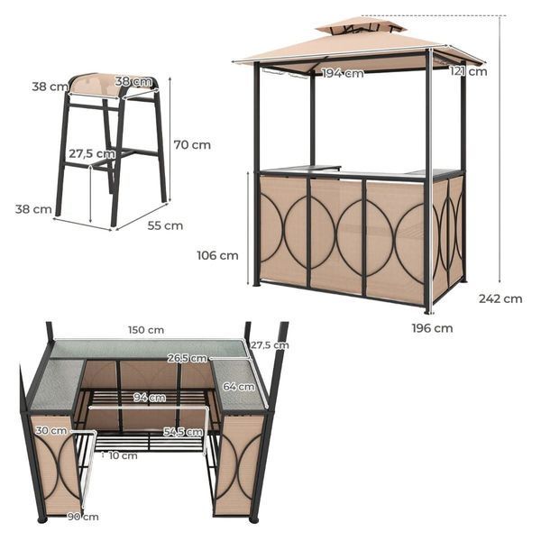 Садовый павильон-бар CostWay 194&times;121&times;242 см с барной стойкой, полками и 2 стульями, светло-коричневый COSTWAY-00086 фото